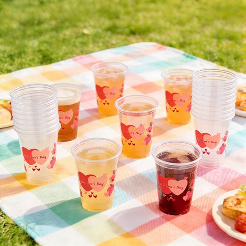 DEALIGHT 50 Pcs 12oz Valentine's Day Plastic Cups Clear Disposable Cups with Pink Hearts | Valentine Party Cups, Galentine's, Party Supplies, Bulk Drinkware