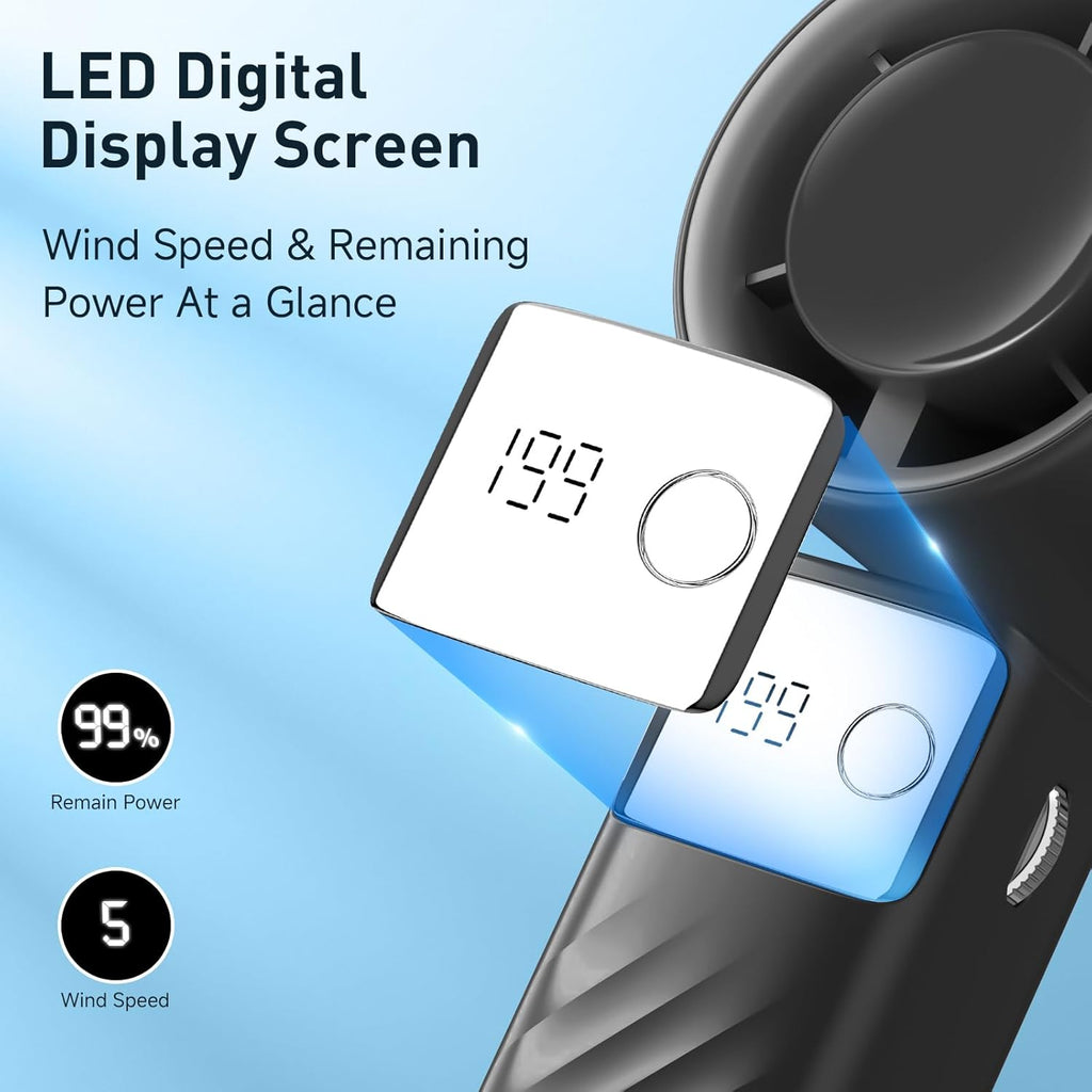 YOSHENMO Portable Handheld Turbo Fan - Foldable Mini Fan with 20-Hour Runtime & LED Display | Dark Black