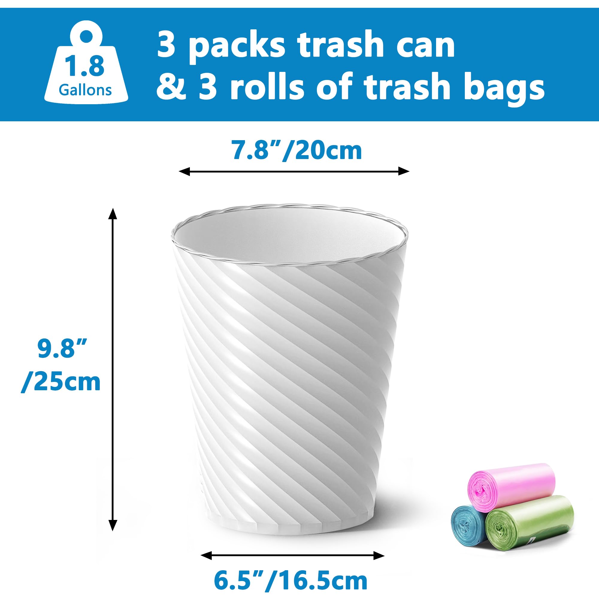 Lysam Bathroom Trash Can, 8 Pack 1.8 Gallons Small Trash Can with Trash Bags, Bathroom Garbage Can, Plastic Trash Bin, Round Waste Basket for Bedroom, Office, Kitchen, Room, Compact Space (White)