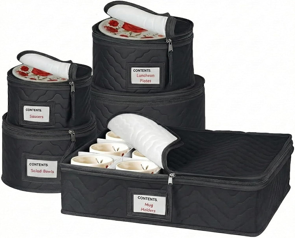 China Storage Containers 5-Piece Set - Sturdy Quilted Microfiber Dish Organizer for Dinnerware, Black