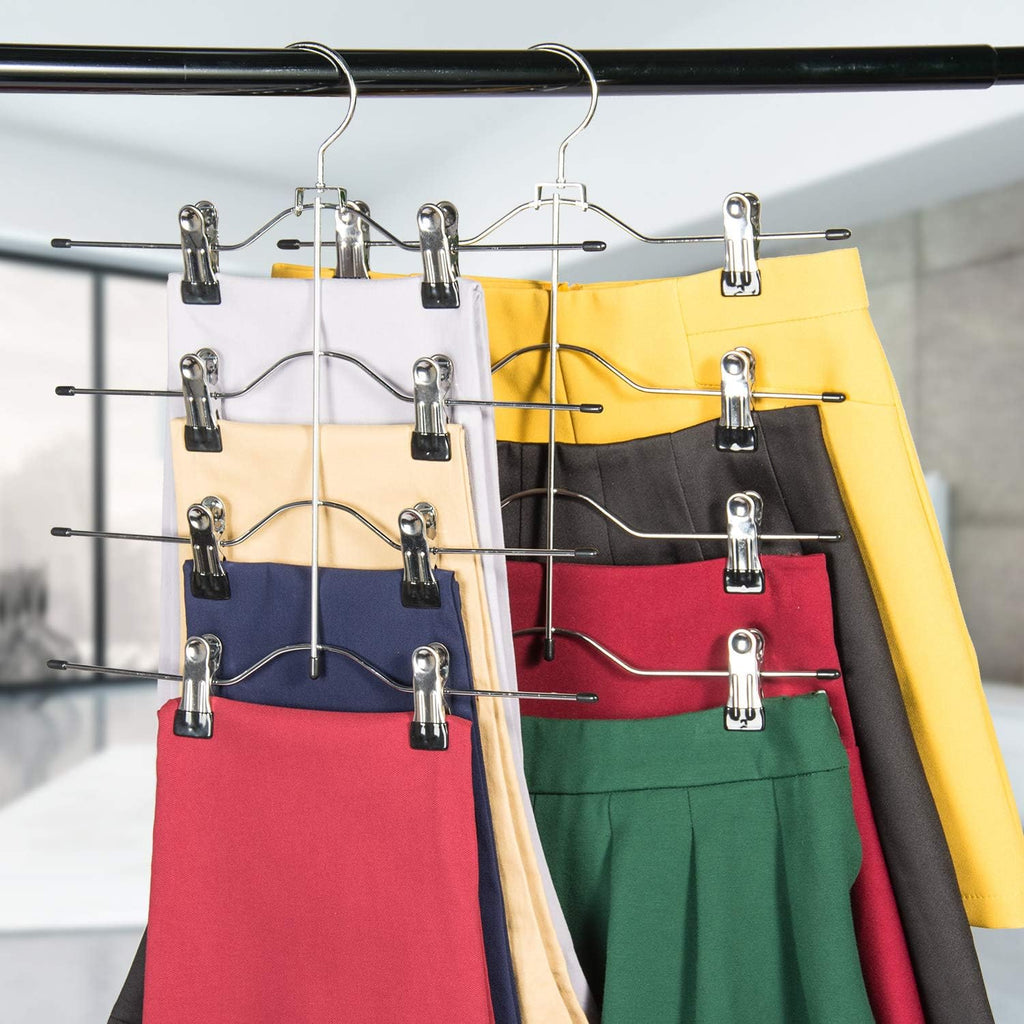 Skiennix Multi-Layer Pants Hangers - 4 Tier Adjustable Clip Skirt Organizer | Heavy Duty Non-Slip Design (Black)