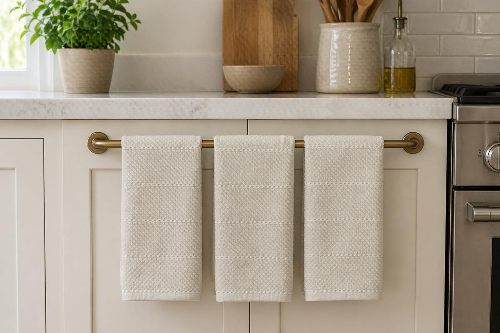 Off White Ivory Cream Kitchen Hand Dish Towels: Oversized 28" x 18",100% Cotton Cloth Soft Cleaning Drying Absorbent Textured Design, Set of 3 Multipurpose for Everyday Use (Creme Textured)
