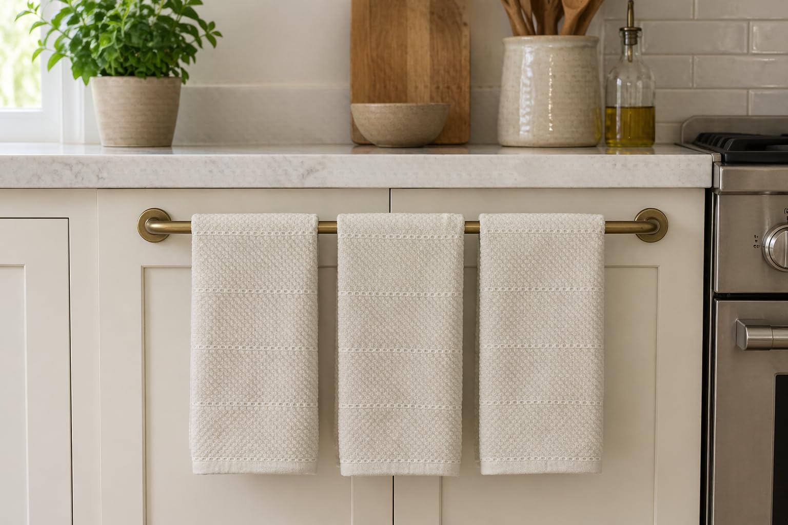 Off White Ivory Cream Kitchen Hand Dish Towels: Oversized 28" x 18",100% Cotton Cloth Soft Cleaning Drying Absorbent Textured Design, Set of 3 Multipurpose for Everyday Use (Creme Textured)
