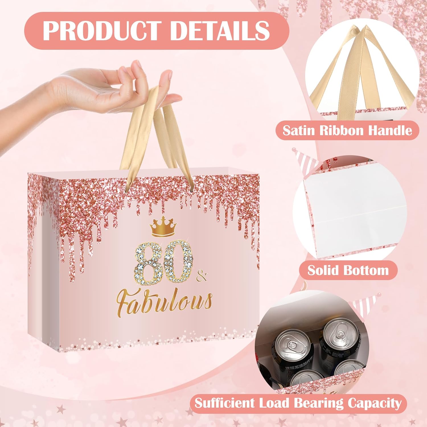 Yoirrat Rose Gold 80th Birthday Gift Bag - Large Pink Design with Wrapping Paper & Card for Celebrations