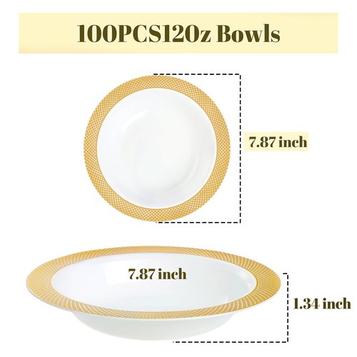 I00000 100 Gold Plastic Bowls, 12 oz White Disposable Bowls,Fancy Plastic Salad Bowl,Premium Heavy Duty Disposable Soup Bowl for Parties,Weddings,Dinners, Catering, Picnics