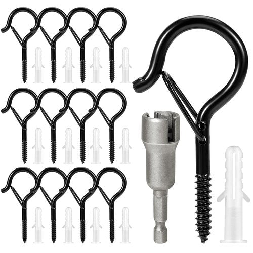 InPoTo 12PCS Q Hanger Hooks with Safety Buckle, Windproof Screw Hooks, Outdoor String Lights, Plants, Christmas Lights, Patio Lights Use, 2.2 Inches, Black with 1 Wing Nut Driver