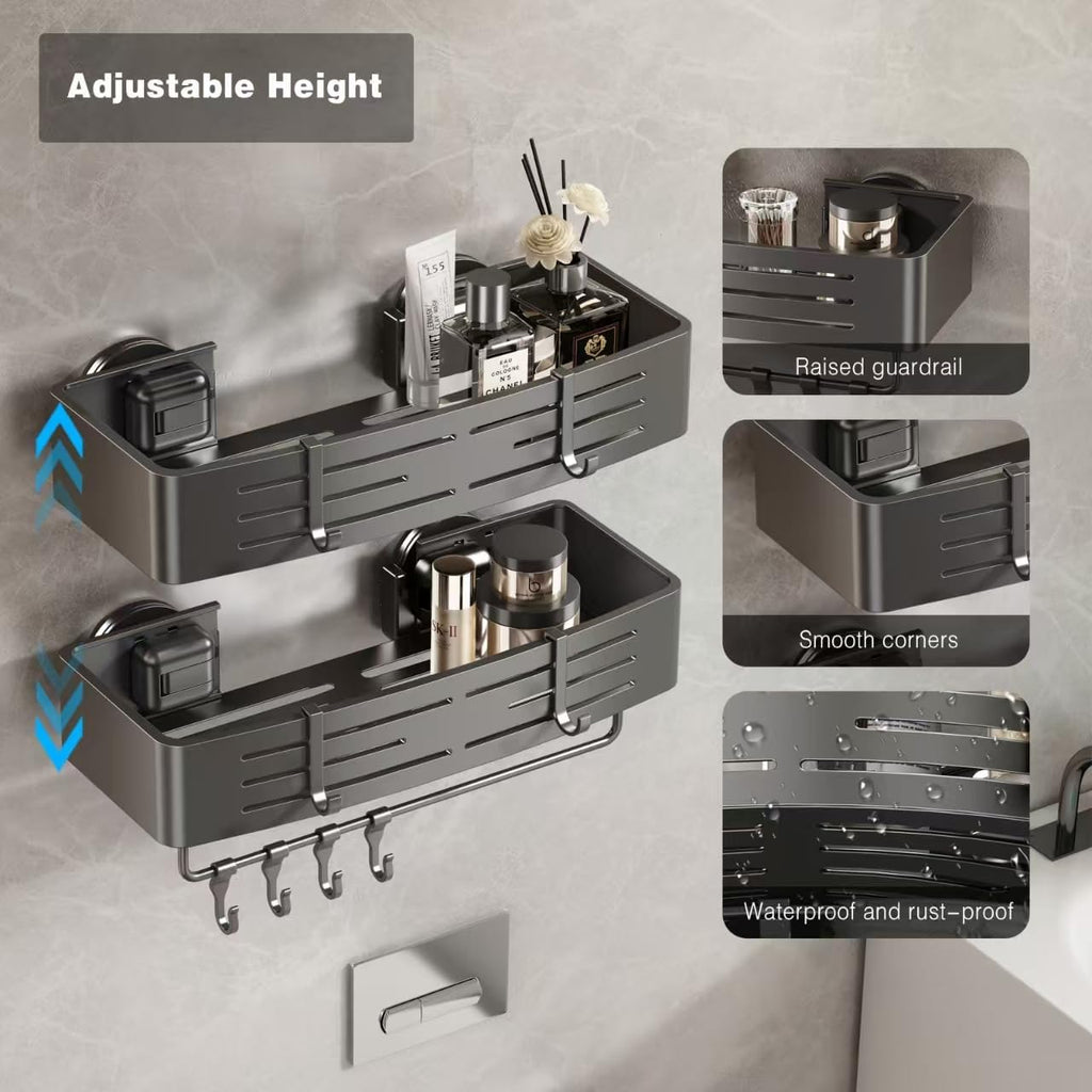 Voldra Shower Caddy - No-Drill Suction Cup Organizer with Towel Bar & Hooks | 2 Pack Gray Shelves