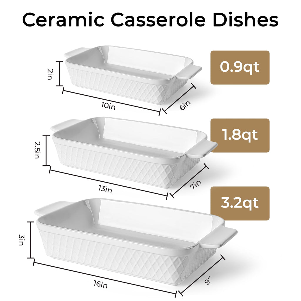 MIAMIO - Casserole Dish Set of 3 / Ceramic Rectangular Baking Pan, 3-Piece Stackable Bakeware Sets, 3.2 Quart - Dishwasher and Oven Safe - Palmanova Collection