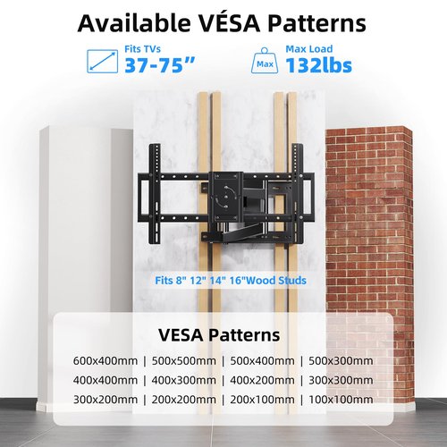 Long Arm TV Wall Mount with 180°Swivel and Tilt +5/-20° Level Adjustment, TV Bracket Screen with Rotates 90° for TVs 37-75 Inches，Fits 8"-16" Wood Studs，Hold up 132LBS,Max VESA 600x400mm