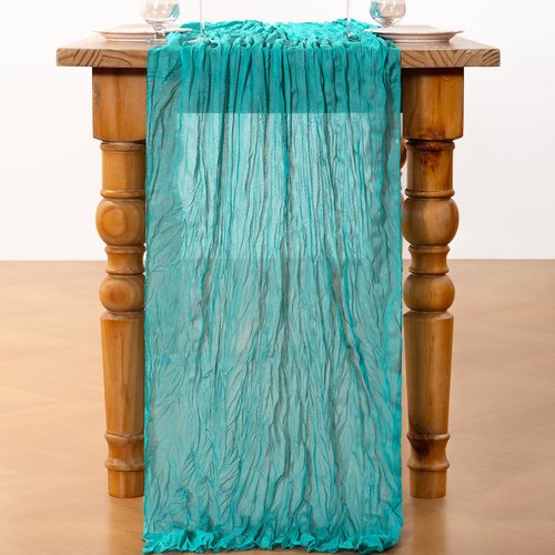 DeZerlor Teal Green Cheesecloth Table Runner Spring Easter Table Runner Boho Gauze 120 Inches Turquoise Cheese Cloth Table Decor for Wedding Bridal Baby Shower Parties