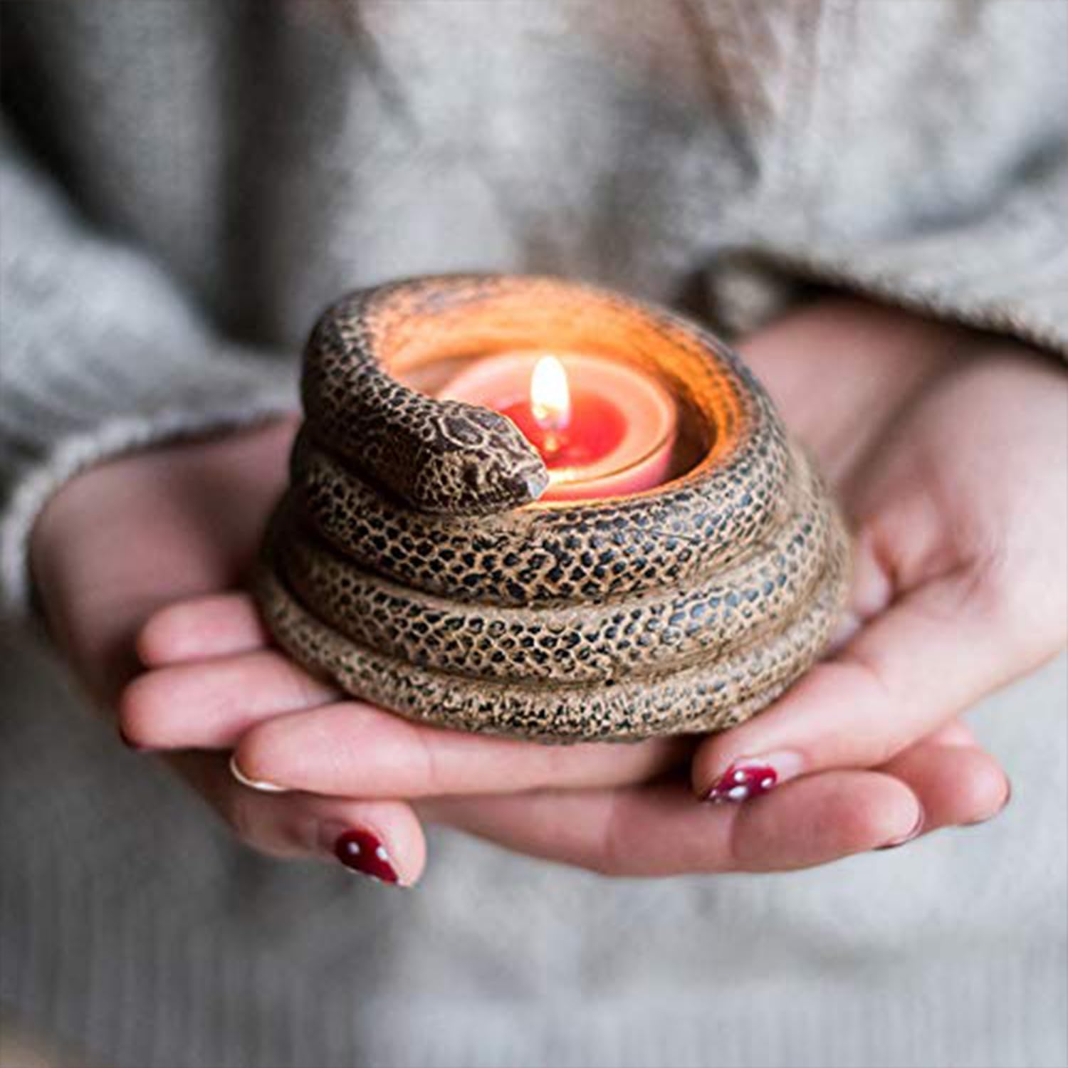 Skiennix Coiled Snake Candlestick Holder - Resin Tealight Candleholder | Serpent Sculpture Decor (2 Pcs)