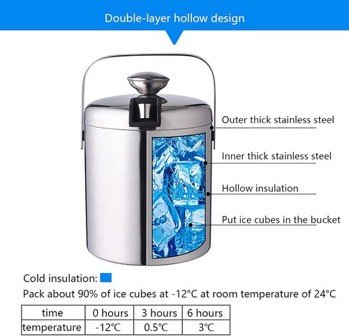 1.3L Stainless Steel Ice Bucket - Double Wall Insulated w/Lid & Scoop, Keeps Ice Cold for Hours (Perfect for Wine, Champagne, Cocktails)