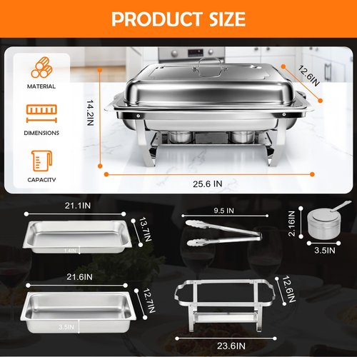 ALSO GO 2 Pack Chafing Dish Buffet Set & 2 Serving Tongs, 9QT Stainless Steel Rectangular Buffet Food Warmer Set with Full Size Food Pans and Folding Frame for Parties, Wedding, Christmas Catering