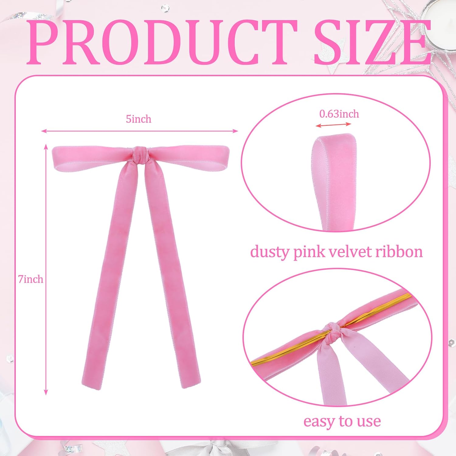 Regine Switzerland Velvet Bows - 24 Pcs Christmas Tree Ornaments | Pink Decorative Bows for Home & Weddings (5 x 7 Inch, 5/8" Width)