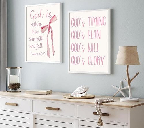 Coquette Pink Bow Canvas Wall Art - Inspirational Bible Verses for Girls' Room Decor | 12"x16" Unframed