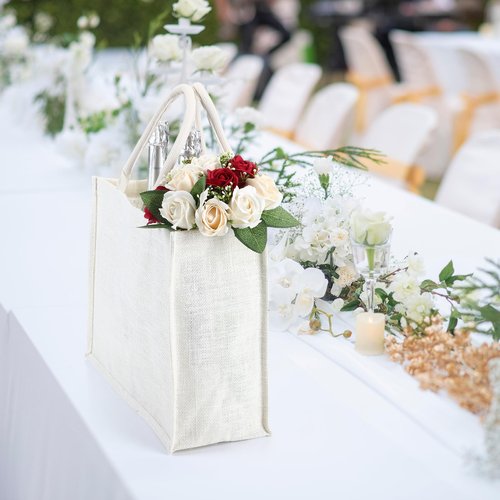 Shappy 10 Pack Burlap Tote Bag Set, Reusable Blank Jute Burlap Grocery Bag with Handle for Bridesmaid Gift Shopping DIY(White)