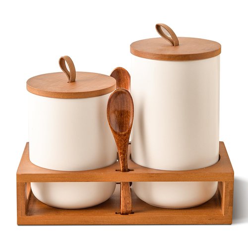CoorFormer White Ceramic Canister Set of 2 with Bamboo Lids, Wooden Stand & Spoons – 35oz & 28oz Airtight Food Storage Jars for Coffee, Sugar, Tea, Kitchen Counter Organizer