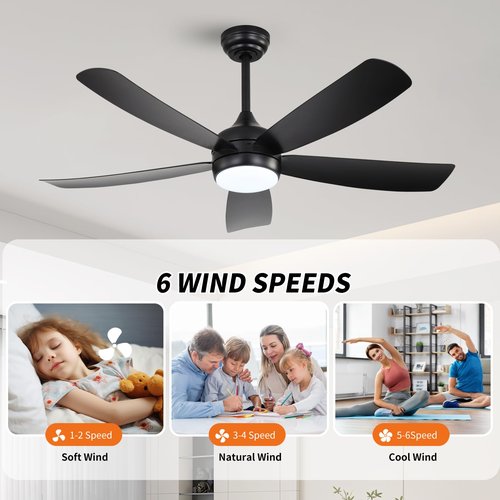 52 Inch Black Ceiling Fans with Lights, Modern Ceiling Fan with Remote Outdoor Ceiling Fan for Bedroom, Living Room, Flush Mount Memory Low Profile 3CCT LED Lights Kit, Easy and Fast Installation