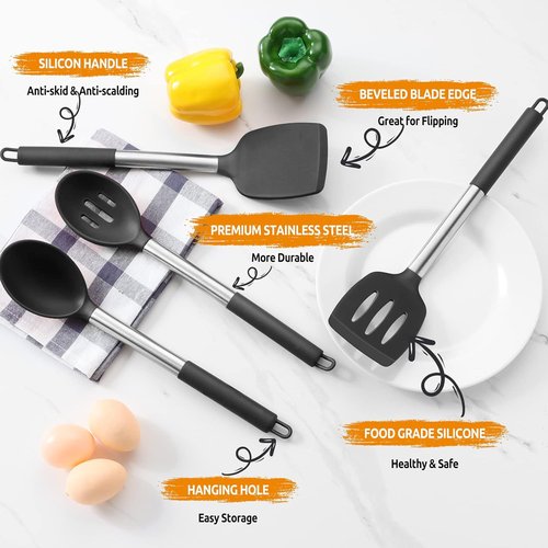 E-far Silicone Cooking Utensils Set - Heat Resistant, Non-Toxic Kitchen Tools for Non-Stick Cookware | 4-Piece Set in Black