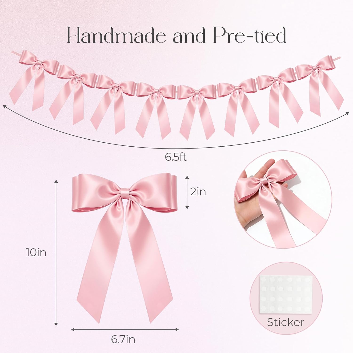 Skiennix Pink Bow Garland Banner - 8 Pre-Strung Double-Layer Satin Ribbon Bows | Valentine's Day Decor & Party Accent