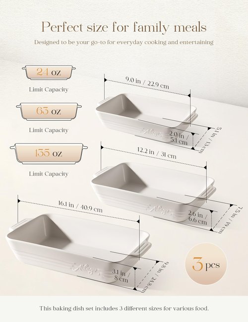Ceramic Baking Dish Set, 3-Piece Casserole Dishes for Oven, Rectangular Baking Pans, Deep Lasagna Pans with Handles, Multi-Size Set for Cooking, Baking, Serving, and Gifting, White (16.1''/12.2''/9'')