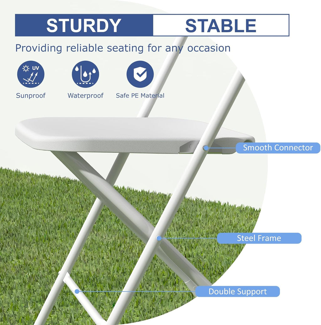 Skiennix Folding Chairs - 10 Pack White Plastic Chairs for Indoor/Outdoor Events | 350lb Capacity