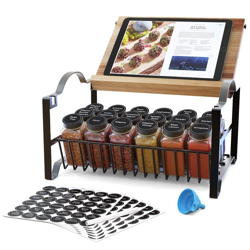 Obswell Kole 3 Tier Spice Rack Organizer with Bamboo Top Tablet Holder, 18 Spice Jars, 422 Spice Labels, and Funnel Set for Kitchen, Cabinet, Countertop, Pantry, Cupboard. Seasoning Organizer Black