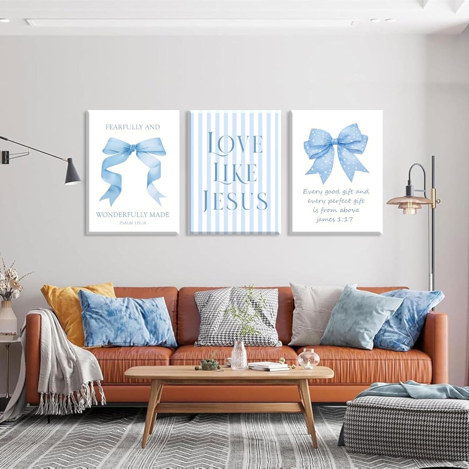 Blue Bow Jesus Canvas Wall Art - Inspirational Bible Verse Decor for Dorm Room | 12x16 Inch Framed