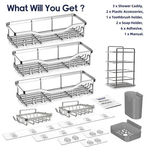 NESOMI Shower Caddy Adhesive Shower Organizer 8-Pack, Rustproof Stainless Steel Bathroom Shelves, Large Capacity No-Drill Rack Storage Accessories with Soap Dish Toothbrush Holder Hooks