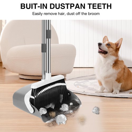 NACENA Broom and Dustpan Set, 52-in Long Adjustable Handle Broom Dustpan Combo with Dustpan Teeth to Automatically Clean Hair Suitable for Home Kitchen Office Hall Floor(Grey&White)