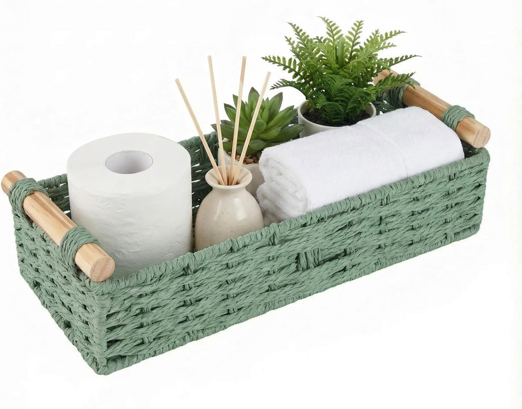 Skiennix Small Bathroom Storage Baskets - Woven Paper Rope Organizers in Sage Green | Perfect for Home Decor & Gifts