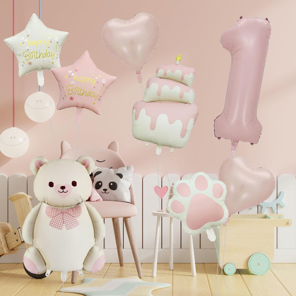 Panouo 8-Pack Matte Bear Party Balloons, Pink Foil Balloons, 1-Year-Old Girl Birthday Party Decorations, Bear Theme Party Decorations(1)