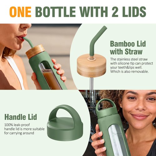 WINSA 32 oz Glass Water Bottle, 1 Liter Glass Tumbler with Straw, Reusable Drinking Bottles with 2 Lids-Handle Lid&Bamboo Straw Lid, Silicone Sleeve, for Sports, Home,1 Pack-Olive