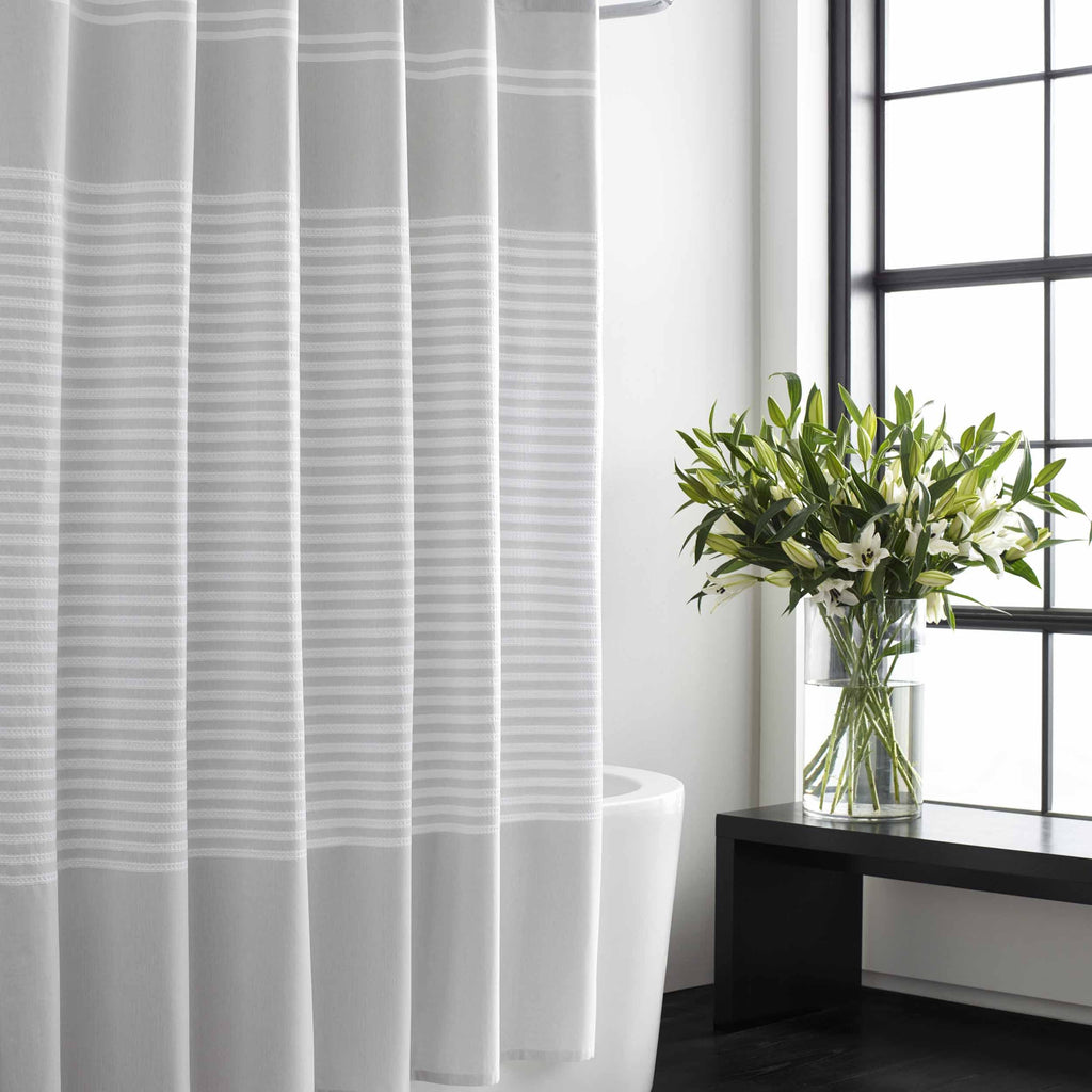 Vera Wang - Fabric Shower Curtain, Cotton Bathroom Decor with Hook Holes Top (Seersucker White, 70" x 72")