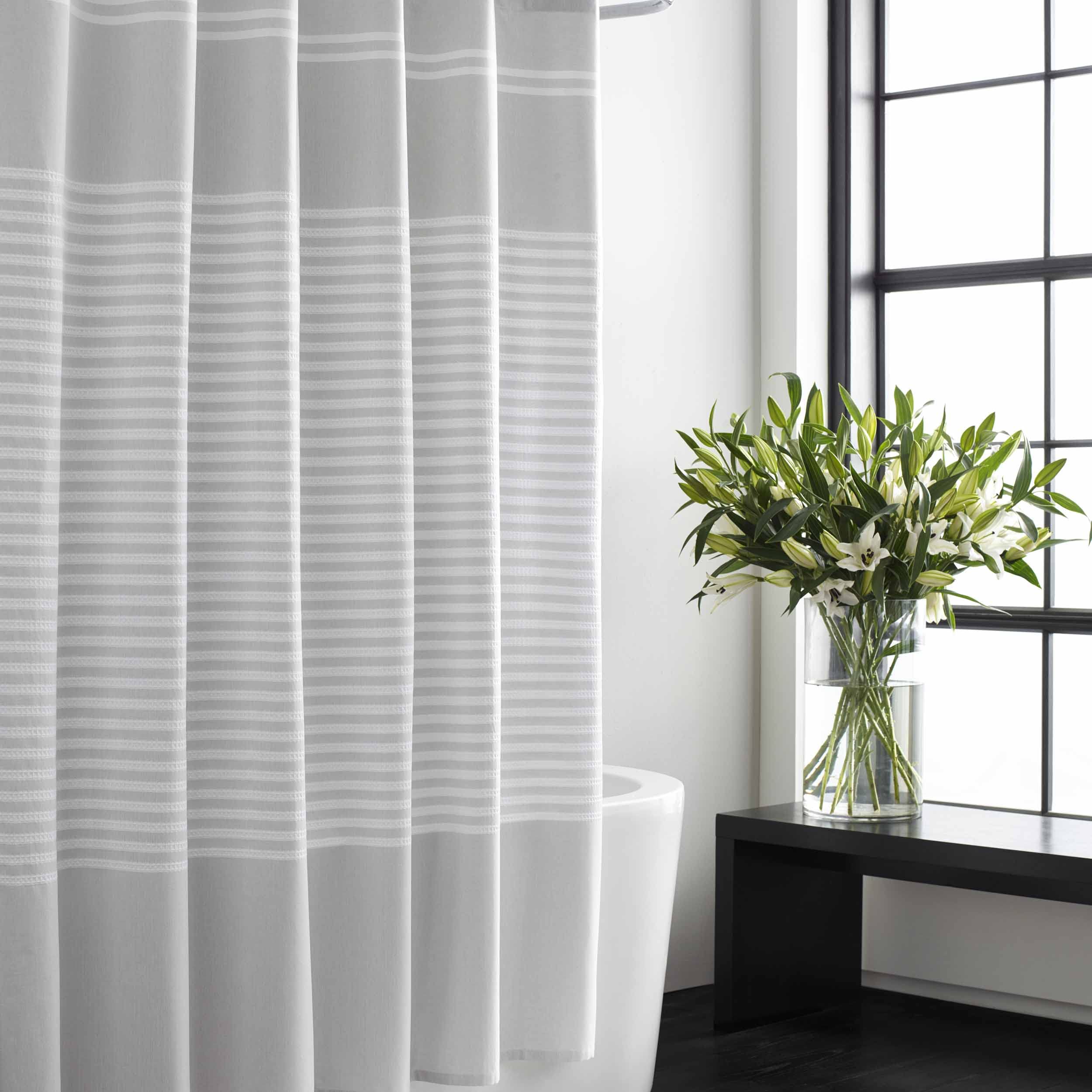 Vera Wang - Fabric Shower Curtain, Cotton Bathroom Decor with Hook Holes Top (Seersucker White, 70" x 72")