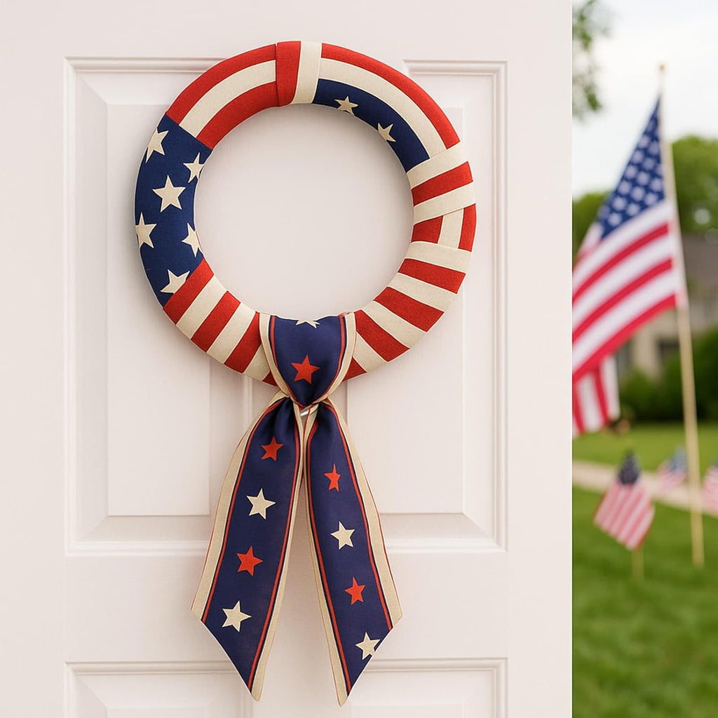 YKW Patriotic Wreath Sash - Premium Multi-Layer Red, White & Blue Ribbon | 5" W x 56" L for 4th of July Decor