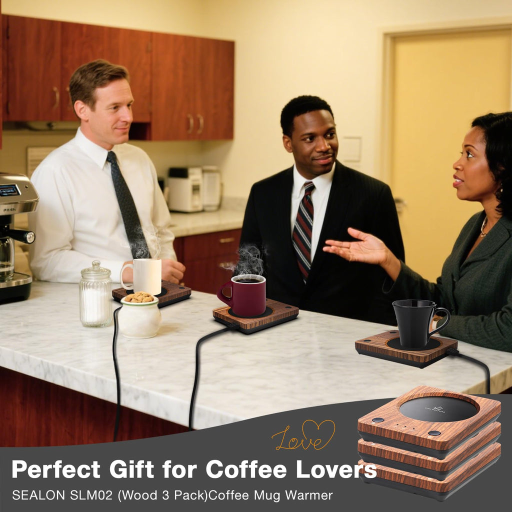 SEALON SLM02 Electric Coffee Mug Warmer (Wood, 3-Pack) - 3-Temperature Desk Cup Warmer with Auto Shut-Off (4 Hours) for Heating Coffee, Tea, Milk & Beverages