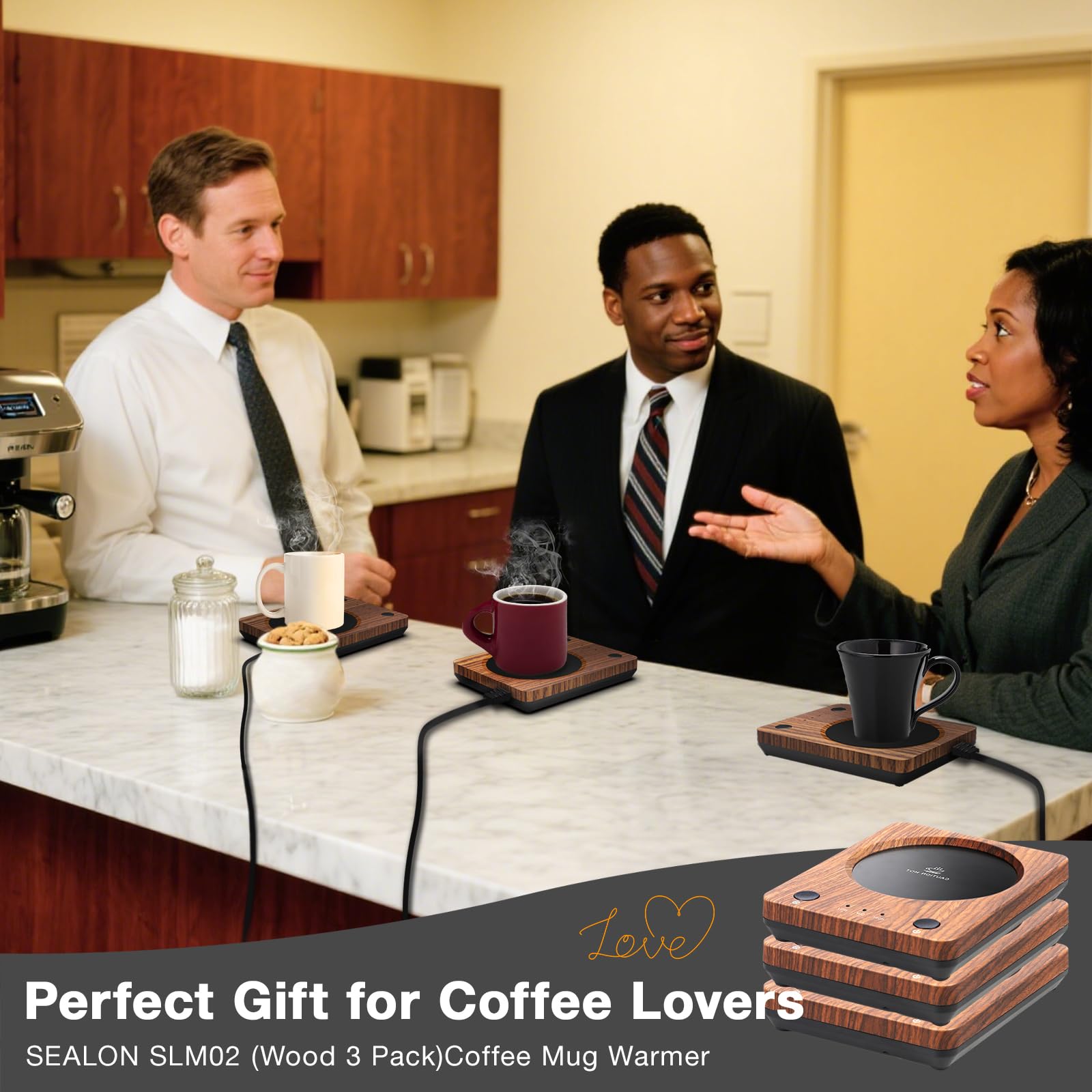 SEALON SLM02 Electric Coffee Mug Warmer (Wood, 3-Pack) - 3-Temperature Desk Cup Warmer with Auto Shut-Off (4 Hours) for Heating Coffee, Tea, Milk & Beverages