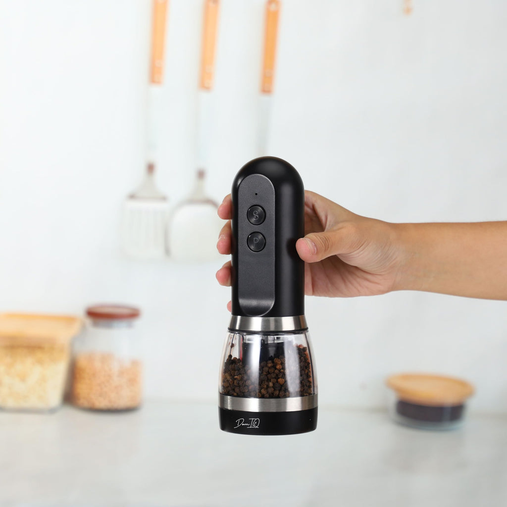 Electric Salt and Pepper Grinder 2-in-1, USB Rechargeable, Adjustable Ceramic Coarseness, LED Light, One-Handed Operation, Refillable, Black
