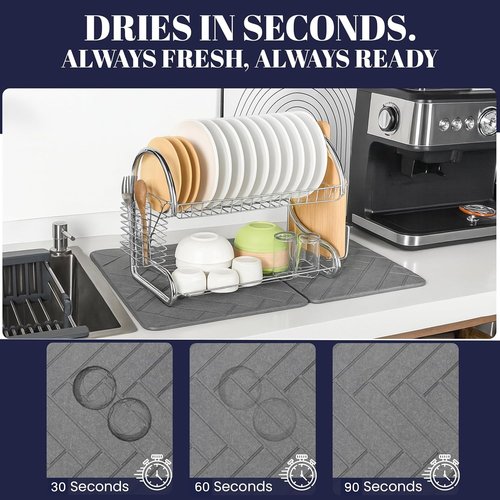 Large Folding Stone Dish Drying Mat for Kitchen Counter – Super Absorbent Diatomite Stone Drying Mat for Dishes, Cups & Bottles – Quick Dry, Space-Saving, Multi-Use Kitchen, Bath & Pet Mat – 23”×15”