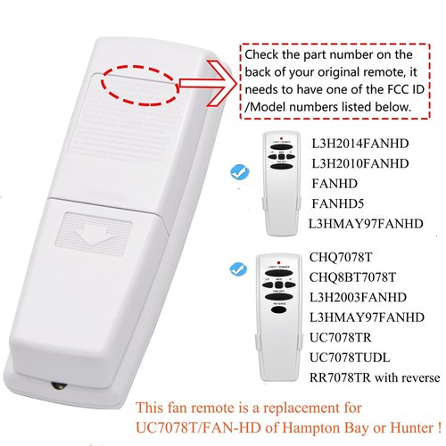 UC7078T Ceiling Fan Remote Control Replacement of Hampton Bay UC7078T Fan-HD CHQ7078T UC7078TR UC7078TUDL RR7078TR L3H2003FANHD, with Reverse, (2.16 * 1.18 * 5.6, White)