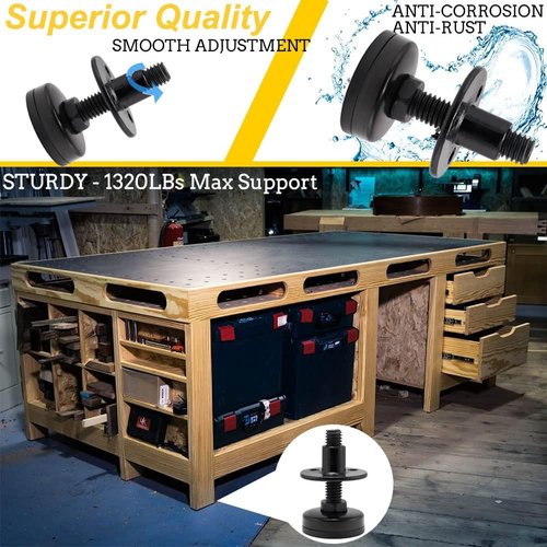 NEWBYTEK Furniture Leveling Feet Heavy Duty, Adjustable Furniture Feet Levelers Screw on Heavy Duty Desk/Chair/Cabinet/Dresser/Bench Leg Leveler, Round T-Nut Kit 3/8”-16 Thread (4 Pack, Black)