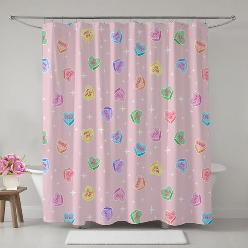 ZORKET Pink Valentines Day Shower Curtain Bathroom Decor, Candy Heart Shower Curtain Set with 12 Hooks, Valentine Shower Curtains for Bathroom, 72x72 Inch