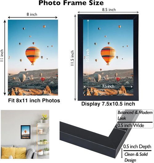 JCJMY 8x11 Picture Frame - Black Wall Mount & Tabletop Display for Horizontal or Vertical Photos