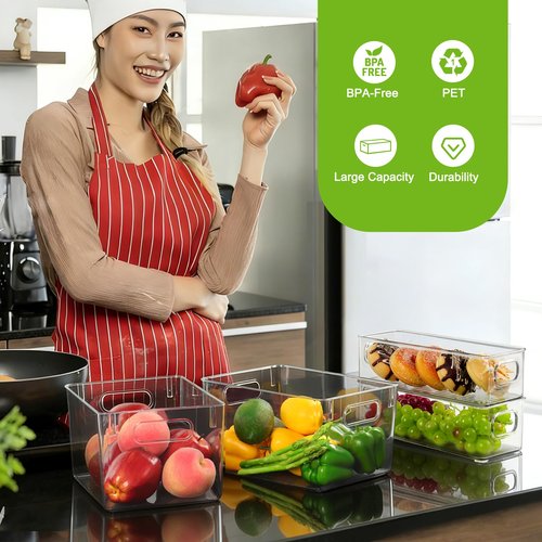 Hudgan Set of 8 Clear Plastic Storage Bins 4 Large and 4 Small Stackable Storage Containers for Pantry Organizers and Kitchen Storage, Cabinet, Freezer, Under Sink Organization