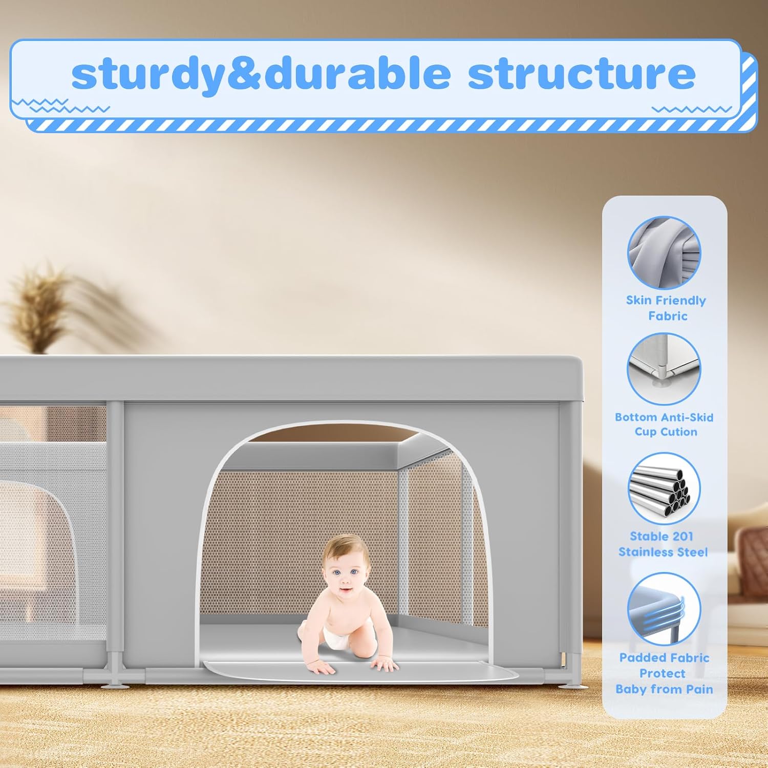 XVISHX Baby Playpen - 79 x 79 Inch Indoor & Outdoor Playard with Soft Breathable Mesh - Grey