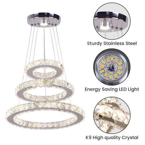 xychfantligh Modern Dimmable LED Chandelier 3 Rings Crystal Chandelier with Remote Stainless Steel Adjustable Pendant Light for Living Dining Room Bedroom
