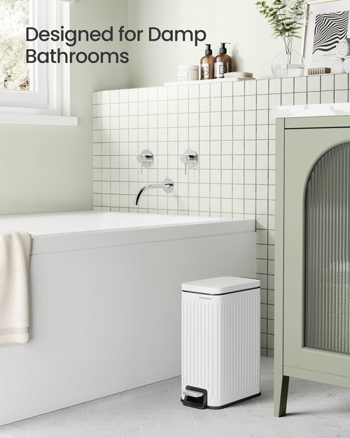 SONGMICS Bathroom Trash Can, 1.6-Gallon (6 L) Trash Bin with Lid, Slim for Small Spaces, Stainless Steel Garbage Can, Soft Close, White ULTB563W02
