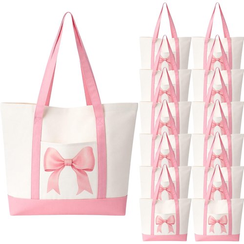 Sanwuta 12 Pcs Coquette Pink Bow Preppy Canvas Tote Bags for Women Valentine Day Large Aesthetic Canvas Bag with Pocket Reusable Grocery Shopping Tote Gifts for Work Beach Travel