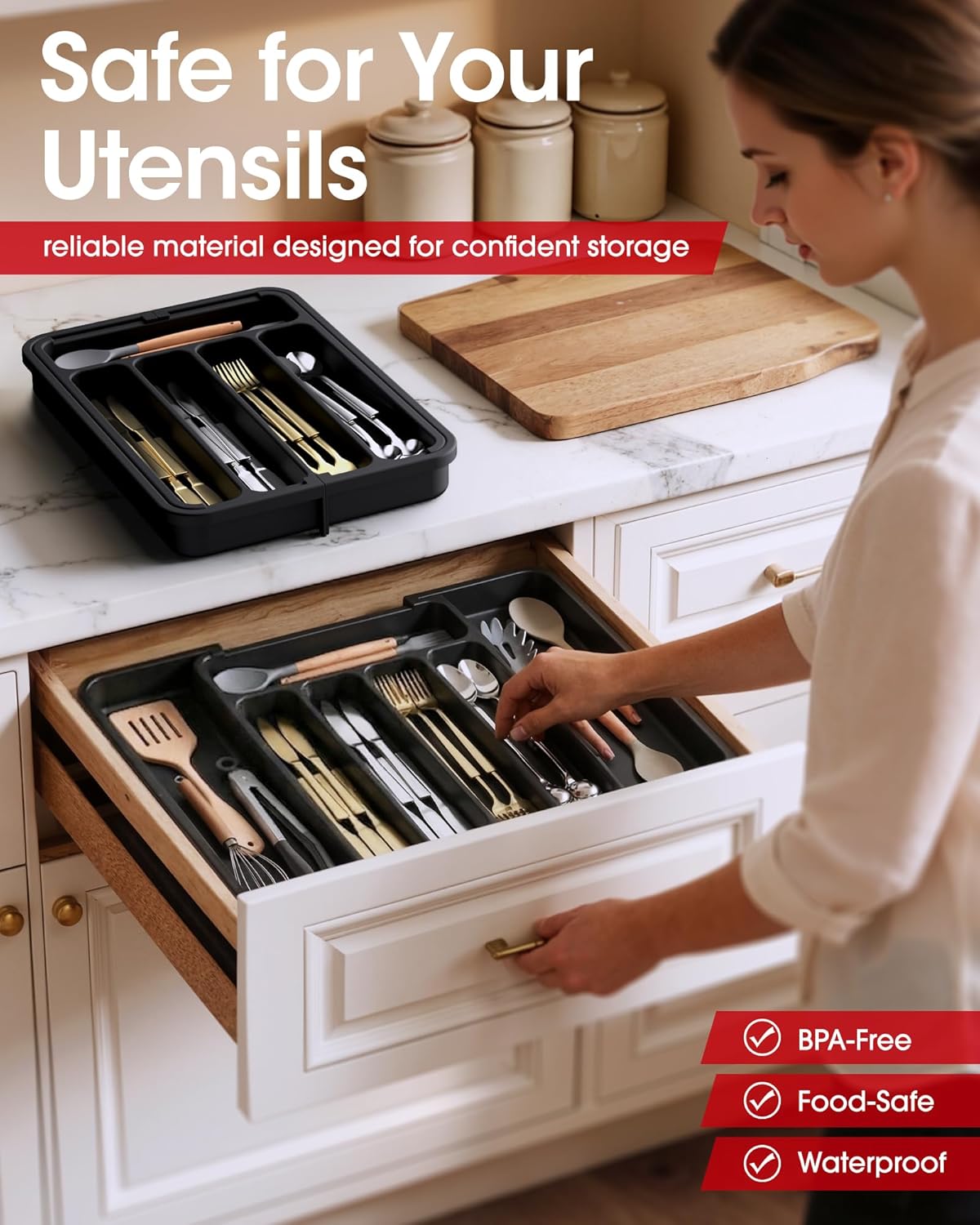Aujen Silverware Organizer - Expandable Utensil Tray for Cutlery Storage | Adjustable Black Medium Size